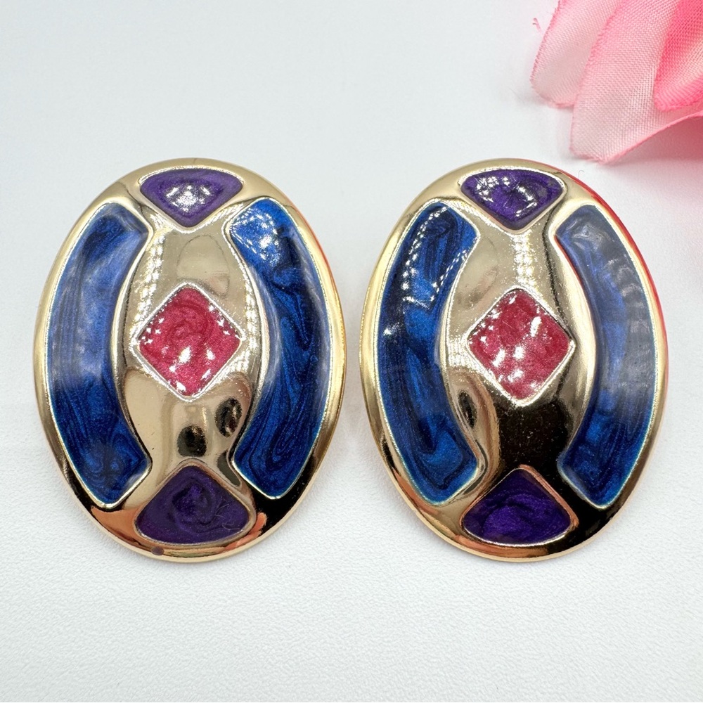 Vintage Geometric Shield Blue Red Purple Enamel Gold Tone Earrings Big Statement